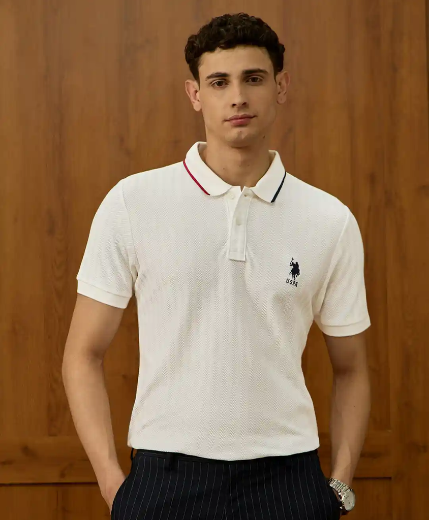 U.S. Polo Assn. Varsity Chevron Self Design Polo Collar Pure Cotton T-shirt